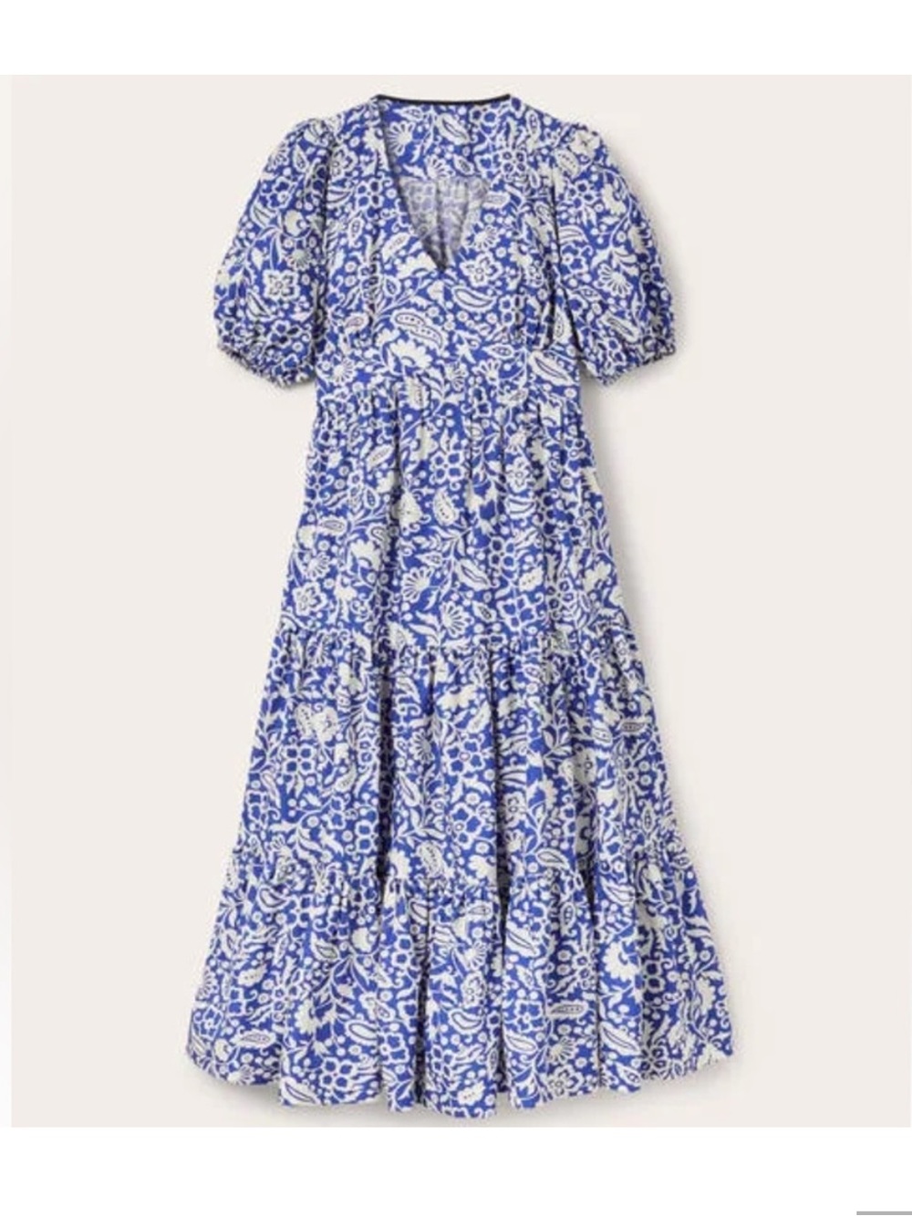 Boden Puff Sleeve Tiered Midi Dress 6 Blue Floral Cotton V Neck - Picture 6 of 11
